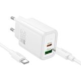 МЗП-USB HOCO N61 PD20W+QC3 3A (1 Usb/1Type-C) + кабель Type-C-Type-C White