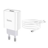 СЗУ-USB HOCO C81A 2.1A 1 Usb + кабель Type-C (блистер) White
