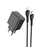 СЗУ-Type-C HOCO N35 PD45W+QC3 (2Type-C) + кабель Type-C-Lightning Black