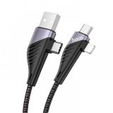 Cable 4 in 1 Type-C/Type-C+iPhone 5 HOCO U95 1.2m (круглый,тканевый,Г-образный) Black/grey