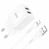 МЗП-USB HOCO N25 2.1A 2 Usb + кабель iPhone 5 White