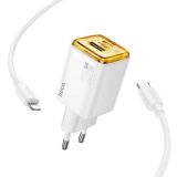 СЗУ-USB HOCO N52 PD+QC3 3A (1 Usb,1 Type-C) + кабель Type-C/Lightning White
