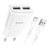 МЗП-USB HOCO C88A 2.4A 2 Usb + кабель Type-C White