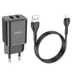 МЗП-USB HOCO N25 2.1A 2 Usb + кабель iPhone 5 Black