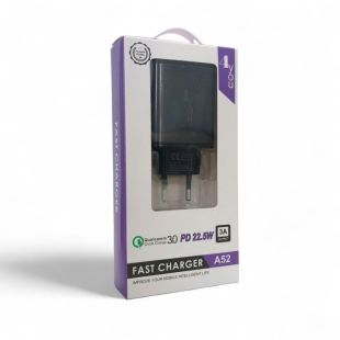 CЗУ 4you A52 (PD 22.5W, Fast Charger QC 3.0, 5V/3A, 9V/12V-1.5A, 2виходу) black+ кабель Micro USB