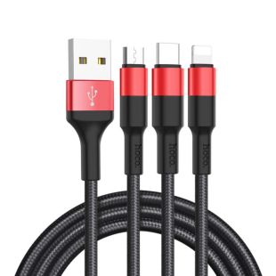 Usb-cable 3 in1 Micro USB / iPhone5 / Type-C HOCO X26 Xpress 2A 1m (круглий,тканинний) Black/red