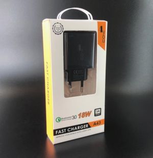 CЗУ 4you A43 (18W, Fast Charger QC 3.0, 5V/3A, 9V/12V-1.5A, 1USB) black+Type C 3А Dvina