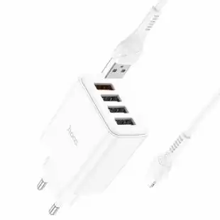 СЗУ-USB HOCO C102A QC3.0 2.1A 4 Usb + кабель iPhone 5 White