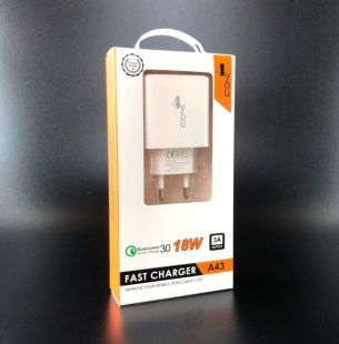 CЗУ 4you A43 (18W, Fast Charger QC 3.0, 5V/3A, 9V/12V-1.5A, 1USB) white - Новинка!