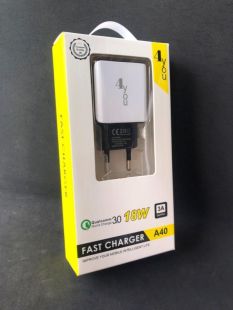 CЗУ 4you A40 (18W, Fast Charger QC 3.0, 5V/3A, 9V/12V-1.5A, 1USB) black/white+Type C 3A Dvina