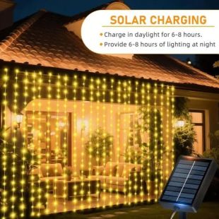 Гирлянда LU-997 180LED 3*2м штора (от солнечной панели+пульт) Yellow