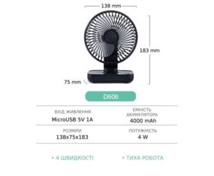 Вентилятор наст. GXQC D606 Black (USB АКБ18650, 4000 mah,4скор, работа до 8 часов (M) - Цена Недели!
