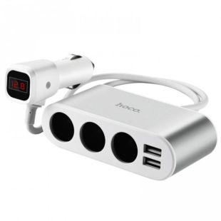 Тройник в прикуриватель HOCO Z13 (3 порта + 2USB/2.1A) Silver