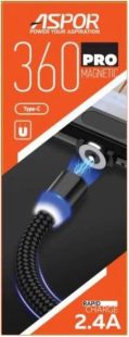 Usb-cable Micro USB Aspor-360Pro magnetic 2.4A 1m (круглий,тканина + пластик,метал.коннек) Black