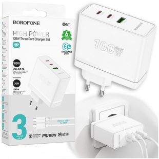 МЗП-USB BOROFONE BN11 PD+QC3.0 100W/3A (1 Usb/2Type-C) White