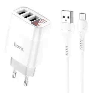 СЗУ-USB HOCO C93A 3.4A 3 Usb + кабель Micro USB (LED дисплей) White