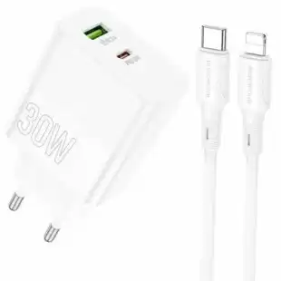 МЗП-USB BOROFONE BA75A PD+QC3.0 30W/3A (1 Usb/1Type-C) + кабель Type-C - Lightning White