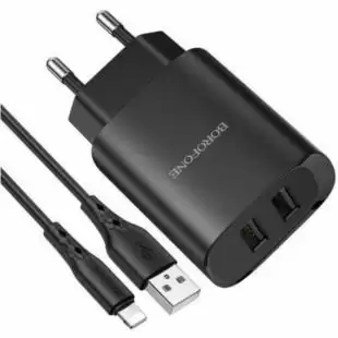 МЗП-USB BOROFONE BN2 2USB 2.1A + кабель iPhone 5 Black