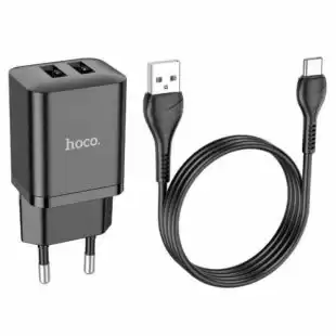 МЗП-USB HOCO N25 2.1A 2 Usb + кабель Type-C Black