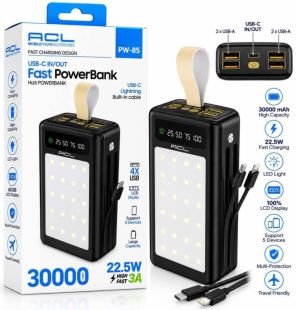 Power Bank 30000mAh ACL PW-85 22.5W (LCD-дисплей, LED-фонарь, 4usb+type c) black (А) - Цена Недели!