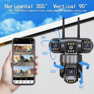 IP-камера вулична V-380 4G 3 лінзи, поворотна 360°, відеоспостереження, звук та нічне бачення Black