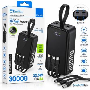 Power Bank 30000mAh ACL PW-118 22.5W(LCD-дисп,Встр кабелі: USB-C,LightningUSB)black(А) - Ціна Тижня!