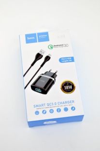 МЗП-USB HOCO C12Q Smart 3A 1 Usb + кабель Micro USB Black 